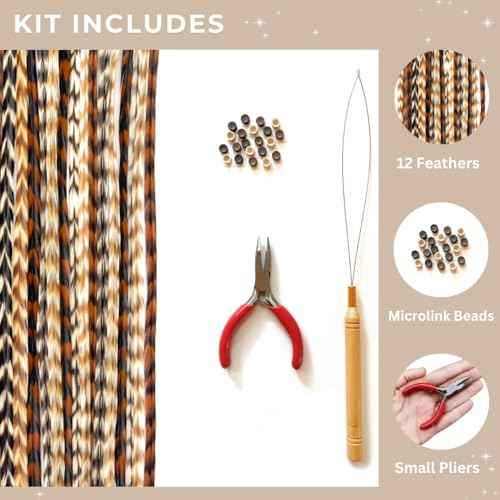 Natural Hair Feathers Kit, Feather Hair Extensions - Real Rooster Feathers, Long Natural Colors, Pliers, Beads, and a loop tool DIY Set browns and neutrals