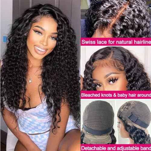 Josblue 4x4 Deep Wave Lace Front Wigs Human Hair Wigs,Wet and Wavy Lace Frontal Wig 180% Density HD Transparent Lace 100% Unprocessed Virgin Human Hair for Black Women Natural Color (22 Inch)