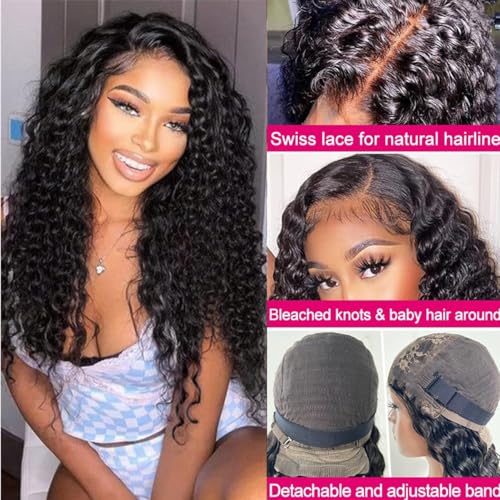 Josblue Deep Wave Lace Front Wigs Human Hair Wigs for Black Women 180% Density 4X4 HD Transparent Lace Closure Human Wigs for Black Women Glueless with Baby Hair Natural Color