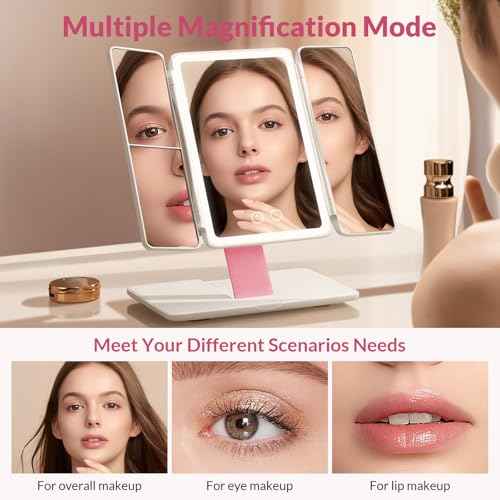 EASEHOLD Foldable Tri-Fold Lighted Makeup Vanity Mirror with 60 LED Lights, 1X/2X/3X Magnification, Touch Control Dimming, 3000mah Rechargeable, 360¡Æ Rotation, Portable Travel Folding Compact Mirror