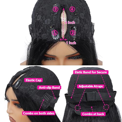 V Part Wigs Human Hair Straight Minimal/No Leave Out Upgrade U Part Wig for Black Women 200% Density Clip in Half Wig No Lace No Glue No Sew Natural Black 22 Inch
