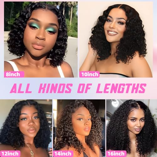 ISWEET HD Glueless Wigs Human Hair Pre Plucked Pre Cut Bob 4x4, 10 Inch #1B Natural Black 210% Density Hairline Curly Bob Wig Human Hair, Wear and Go Deep Wave Lace Front Wigs for Black Women
