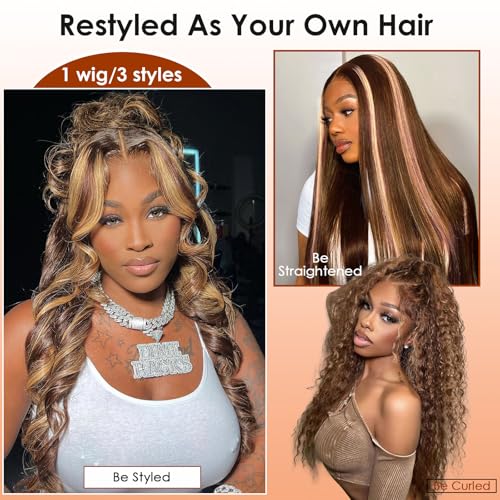 Ombre Lace Front Wig Human Hair Body Wave 13x6 HD Lace Front Wigs Human Hair Pre Plucked 200% Density Honey Blonde Highlight Wig 4/27 Colored Lace Frontal Glueless Wigs Human Hair 24 Inch