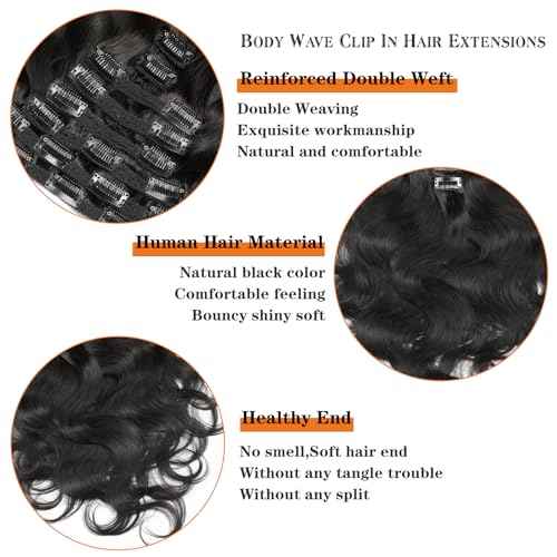 Body Wave Clip Ins Human Hair 8Pcs/Set 120 Gram Body Wave Clip in Hair Extensions 10A Brazilian Virgin Human Hair for Black Women Natural Black Color 24 Inch