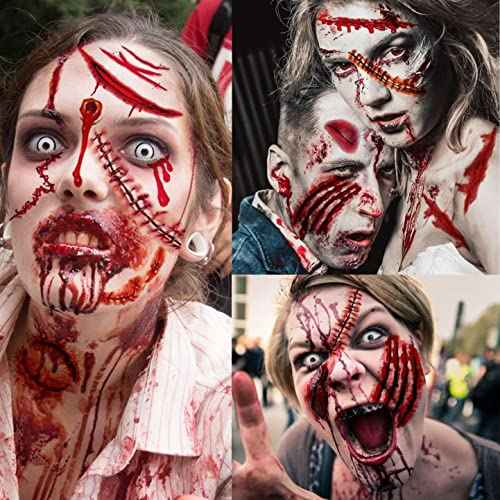 215+ PCS 30 Sheets 3D Fake Scars Tattoo Temporary Halloween Makeup Kit, Fake Stitches Tattoos Cut Scary Face Wound Blood Chucky Scars Tatoos For Kids Women Men Boys Girls Zombie Sticker