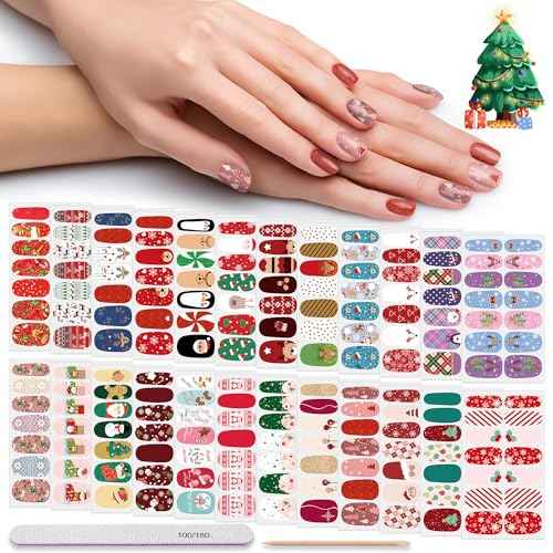 DANNEASY 24 Sheets Christmas Nail Wraps Cute Holiday Nail Polish Stickers Stick on Nail Polish Strips Self Adhesive Gel Fingernail Stickers Nails for Women with Nail File, Cuticle Stick