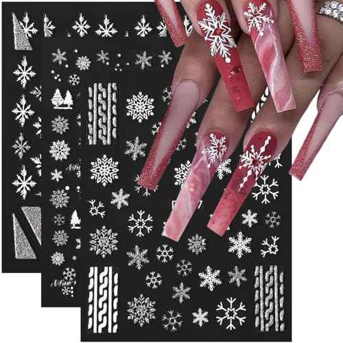 Snowflake Nail Art Stickers - 8 Sheets Christmas & Winter Designs with Silver Glitter Elk Bells