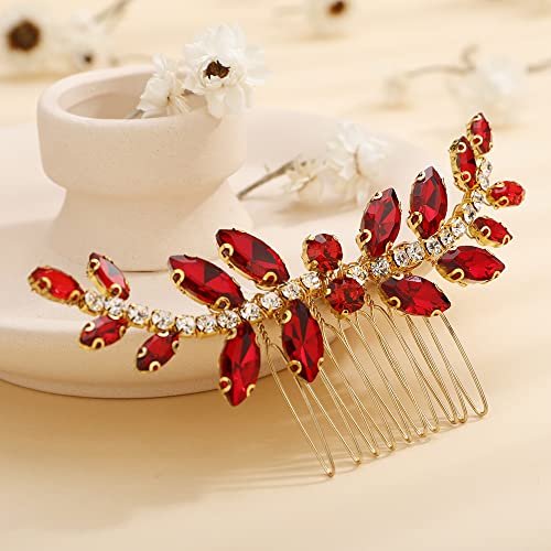 Teyglen Bridal Red Crystal Hair Comb - Rhinestone Headpiece for Brides, Women, and Girls