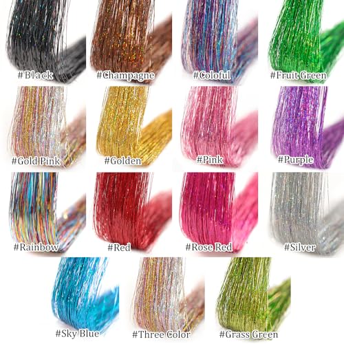 Hair Tinsel 12Pcs Clip in Rainbow Hair Accessories 20.5 Inch Fairy Hair Tinsel Kit for Women Girls Kids Glitter Extensions for Christmas Halloween New Year Party (Rainbow)