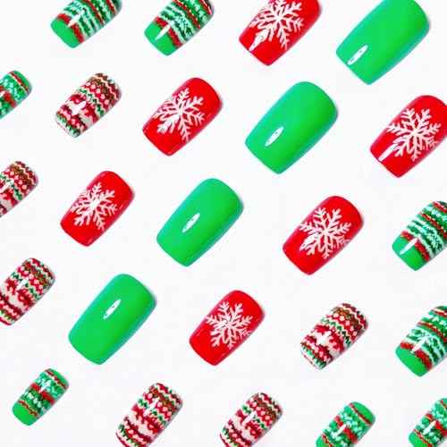 Christmas Acrylic Short Square Press on Nails with Snowflake Design - 24Pcs Full Cover Reusable Stick on Nails for Women Girls