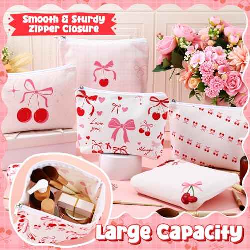 Kacctyen 6 Pcs Pink Cherry Bow Coquette Makeup Bag Cute Bow Canvas Cosmetic Bag for Women Girl with Zipper Aesthetic Travel Stuff Small Pouch for Birthday Party Favor