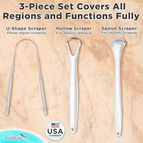 Tongue Scraper for Adults - 3 Pcs Metal Tongue Cleaner with Silver Storage Case - Tough Stainless Steel Mouth Scrubber for Fresh Breath & Oral Hygiene - by EcoEarth