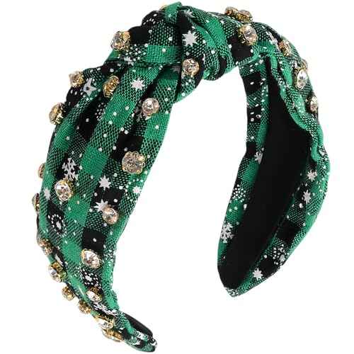 Christmas Headband Rhinestones Hair Band for Women Girls, Xmas Striped Grid Hair Accessories Green Knotted Wide Headbands Christmas Party Supplies Winter Holiday Costume Gift