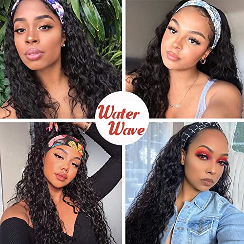Water Wave Headband Wig Human Hair for Black Women - 20 Inch Brazilian Virgin Hair Glueless None Lace Front Wig - Natural Black 150% Density