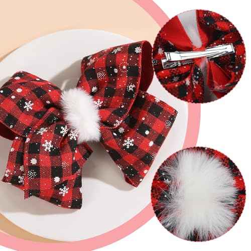 Christmas Hair Clips for Women 4.7in Red Plaid Hair Bow Clips for Girls Christmas Festival Hair Accessories Fluffy Hair Bows Christmas Party Hair Decorations Cute Hair Bows Winter Snowflake Bows 1Pcs