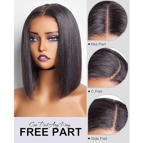 RECOOL Bob Wig Human Hair 5x6 Lace Front Straight Short Wigs for Women Glueless Brazilian Virgin Human Hair Bleached Knots Wear And Go Pre Plucked with Baby Hair for Black Women Natural Black 10inch