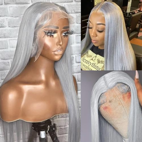 Ubetta Grey Wig Human Hair, 13x6 Grey Lace Front Wigs Human Hair Pre Plucked Glueless HD Lace Front Silver Gray Wigs for Black Women 180% Density 18 Inch Straight Colored Gray Lace Frontal Wig