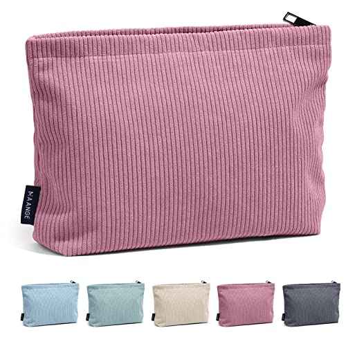 MAANGE Cosmetic Bags for Women Small Makeup Bag for Purse Corduroy Makeup Pouch Travel Makeup Bag with Metal Zipper Make Up Bag for Travelling(PINK)