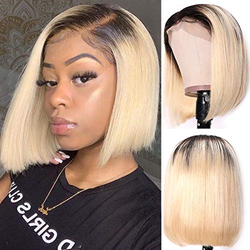 Ombre Blonde HD Lace Wigs Brazilian Virgin Human Hair #1B/613 Dark Roots Bob Wig Glueless Straight 12Inch 180% Density Remy Hair Pre Plucked Bleached Knots 13x4 Transparent Frontal Bob Wigs for Women