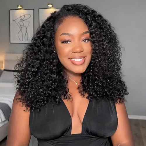 ISEE Half Wig Human Hair Glueless Wigs Upgrade 3 IN 1 Half Wig With Drawstring Seamless Clip Ins Flip Over Kinky Curly Human Hair No Glue No Lace For Women 180% Density 18 Inch
