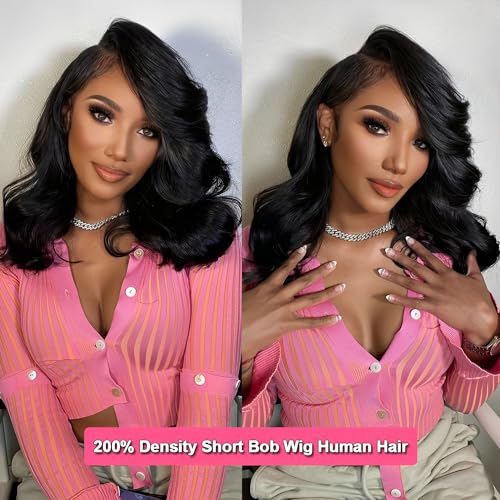 Bob Wig Human Hair 200 Density 13x6 Body Wave HD Lace Front Wigs Human Hair Glueless Lace Frontal Bob Wigs Short Bob Wigs for Black Women Pre Plucked with Baby Hair (14 inch, Bob Wig)