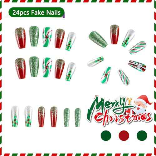 Christmas Press on Nails Medium Coffin Fake Nails with Christmas Tree Gift Knots Designs Glitter Glue on Nails Xmas Design Green and Red Stripes Full Cover False Nails Artificial Acrylic Nails 24pcs