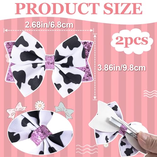 Cow Print Hair Bow Clips,2PCS Bow Hair Clips with Pink Grosgrain Ribbon,Cute Cow Print Clips Hair Accessories for Children Girls Birthday Party Decorat