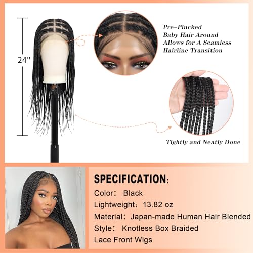 13x8'' HD Lace Front Knotless Braided Wigs for Women Short Box Braid Wig with Baby Hair Premium Synthetic Braided Lace Front Wigs Black 22 inch