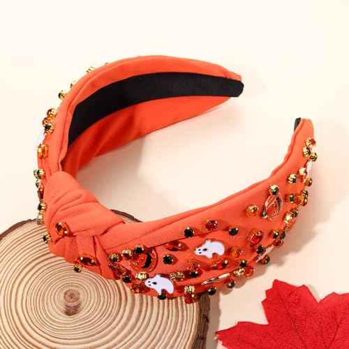 Halloween Headband for Women Spooky Pumpkin Spider Ghost Headband Jeweled Rhinestone Crystal Knotted Headbands Embellished Wide Top Knot Headbands Halloween Hair Accessories Gifts (Ghost&Pumpkin)