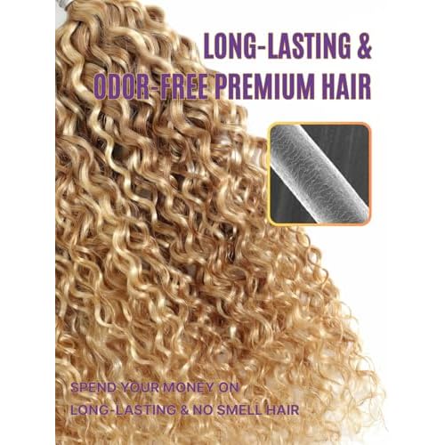 13A 27/613 Human Hair Bundles Water Wave 22 Inch, Soft and Silky Highlight Blonde Single Curly Bundle Wet n Wavy 100% Raw Hair Ombre Highlight Honey Blonde Sew In Weave #F27/613 Colored Weft