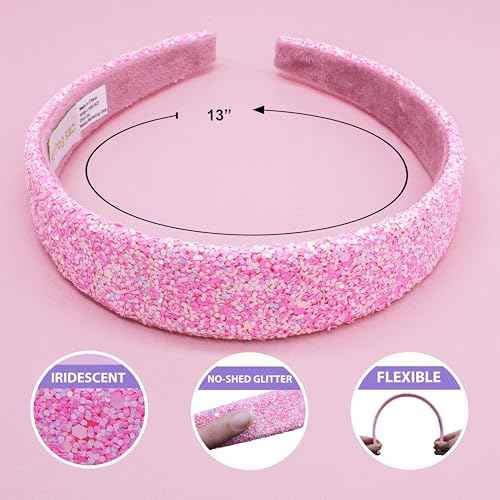 FROG SAC Hairband, Iridescent Glitter Headband for Girls, 13 inch Headband with Non-Slip Lining, Sparkly Hair Accessory for Kids, Cute Little Girl Hairband, Pink, Single Pack