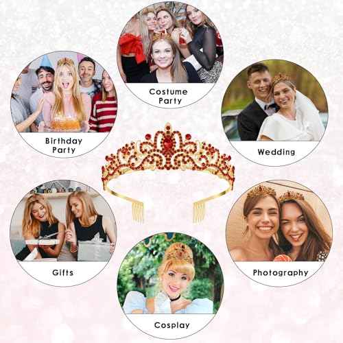 Red Crown Crystal Tiaras for Women Rhinestone Headbands for Girl Happy Birthday Princess Goddess Crown with Combs Elegant Headdress Decorations Bridal Wedding Prom Party Costumes Gift
