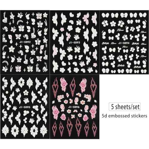 5D Embossed White Flowers Nail Stickers, 5 Sheets Self-Adhesive Floral Nail Decals, Spring Rose Butterfly Nail Art, 3D Acrylic Flowers for Manicure Decor