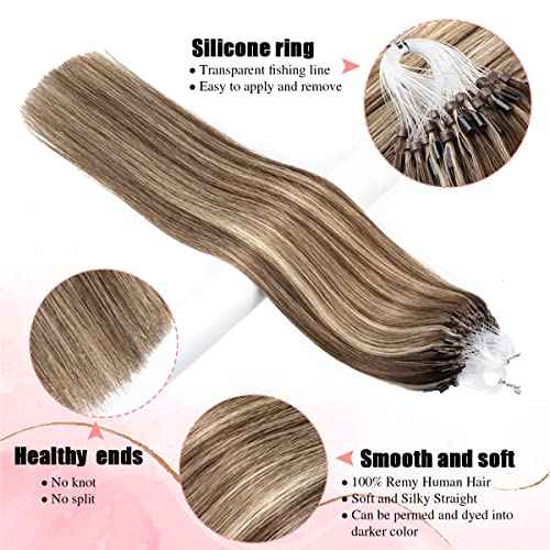 Senmy Micro Link Hair Extensions Human Hair Brown with Blonde Highlight 18inch Micro Beads Human Hair Extensions 0.5g/strand 50g/pack Micro Loop Extensions Human Hair Invisible Beaded Hair Extensions