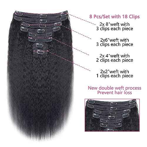 Kinky Straight Clip in Hair Extensions Real Human Hair Clip ins Natural Black Double Weft Clip ins for Women 12 Inch 120g 8pcs Kinky Straight Clip on Extensions Human Hair