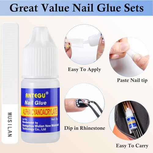 Nail Glue,Nail Glue for Acrylic Nail Tip 12 Bottles Professional False Nail Glue Extension Tips for Broken Adhesive Super for Press on Adhesive with Glass Files