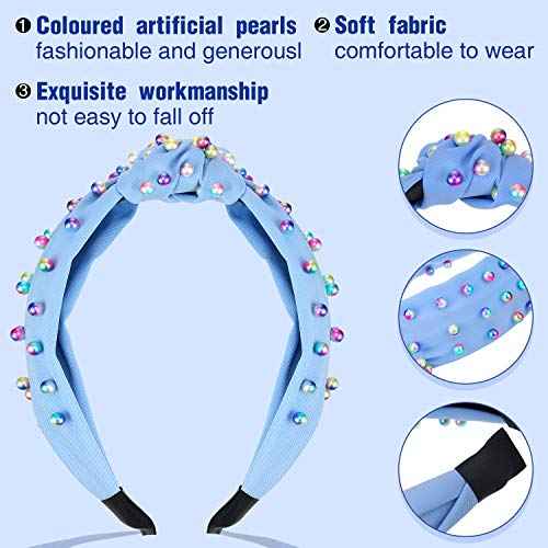 WILLBOND 2 Pieces Knotted Headbands Pearl Knotted Hairband Cross Knot Twisted Turban Accessories Easter Spring Birthday Gift for Women Girls(Pink, Blue)
