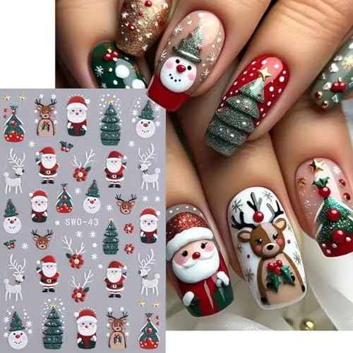 Christmas Nail Stickers for Art Decorations - 4PCS Snowflake, Gingerbread Man, Penguin, Elk, Santa Claus, Xmas Tree Design - Manicure Decals Supplies for Women