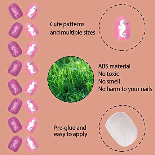 SIUSIO 120Pcs 5 Pack Children Acrylic Fake Nails Press on Pre-glue Full Cover Glitter Gradient Color Short False Nail Art Kits Sets Great Christmas Gift for Kids Little Girls - Mermaid Beach