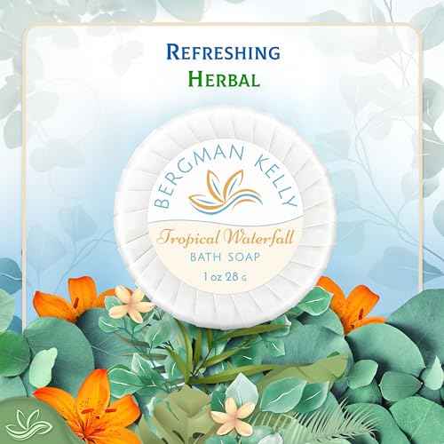 BERGMAN KELLY - Hotel Soap Bars in Bulk - Tropical Waterfall, 1 oz, 200 PK - Small Individually Wrapped Round Soap - Travel Size Mini Toiletries for Airbnb, Motel, Guest Bathroom