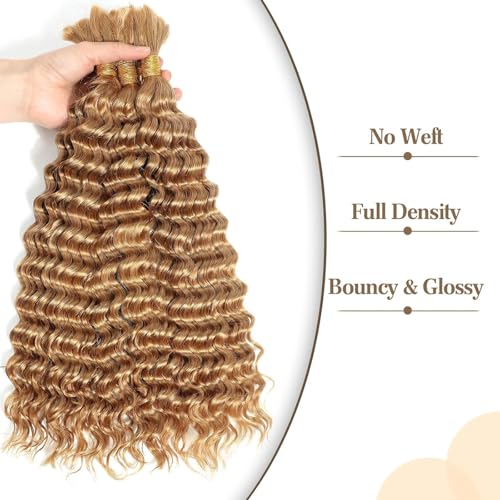 Deep Curly Braiding Human Hair 100g 20 Inch Color 27 Honey Blonde Deep Water Wave Bulk Human Hair for Braiding No Weft Brazilian Virgin Deep Curly Human Hair Extensions for Boho Braids