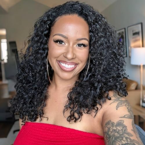 Curly Half Wig Human Hair 180% Density Deep Wave Glueless Wigs Upgrade 3 In 1 Wigs Beginner Friendly Seamless Flip Over Drawstring Curly Wig Ready to Go Headband Wig Natural Black Color 16 Inch