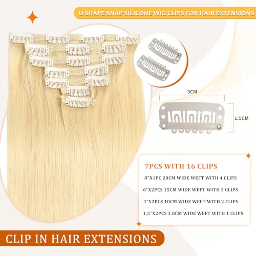 Clip in Hair Extensions - 24 Inch #613 Real Human Hair, 100g 7pcs Seamless Remy Extensions, Invisible Lace Skin Weft for Women