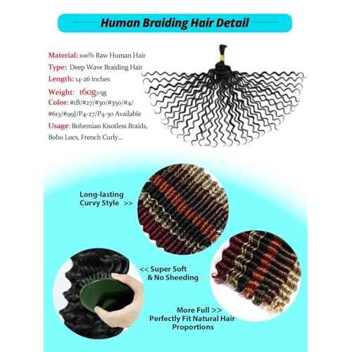 Human Braiding Hair for Boho Braids 5 Bundles 20 Inch 160g 12A Deep Wave Braiding Hair for Bohemian Knotless Braids 100% Unprocessed Brazilian Virgin Bulk Hair Extensions No Weft Natural Color