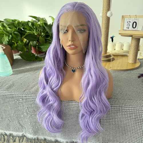 RONGDUOYI Lavender Body Wave Lace Front Wig Synthetic Hair For Women Ready To Wear Glueless Light Purple Wig Heat Resistnt Natural Hairline Long Hair Cosplay 24Inches