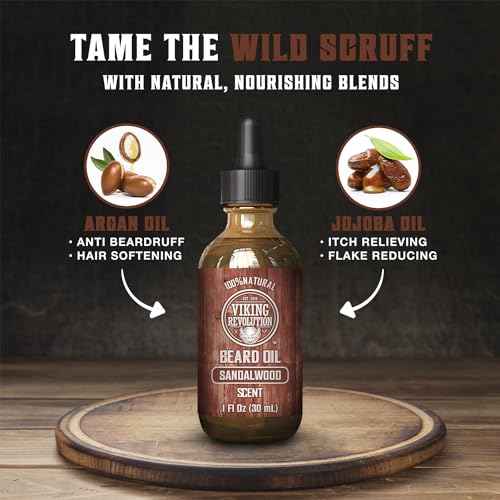Viking Revolution Sandalwood Beard Oil for Men - Natural Mens Beard Oil with Argan Oil and Jojoba Oil - Beard Softener, Strengthens and Moisturizes - Beard Conditioner for Men (Sandalwood, 1 Pack)