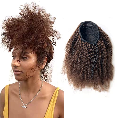 Afro Puffy Human Hair Ponytail Extensions Drawstring 100% Real Remy Hair Afro Kinkys Curly Bun Extension With Two Combs #4 Medium Brown 10 Inches
