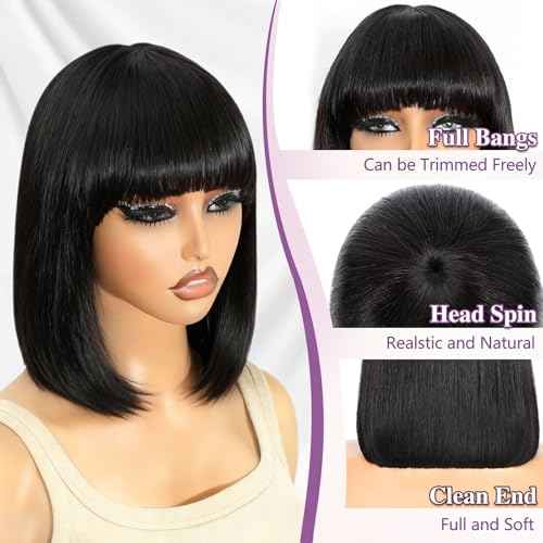 Bob Human Hair Wig with Bangs Silky Straight Glueless Wigs Human Hair 150% Density Black Bob Wig with Bangs None Lace Machine Made Wigs for Black Women 14Inch