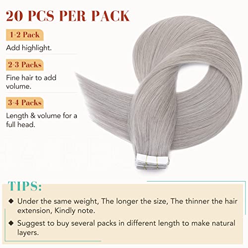 Hairro Tape In Hair Extensions Human Hair Remy Tape On Extensions Adhesive Skin Weft Tape In Hair Natural Glue in Hairpieces Full Head Grey Remy Tape Extensions 18 inch 50g 20pcs #GREY