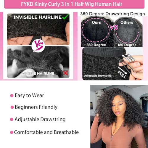 250% Density Half Wig Human Hair Glueless 3 in 1 With Drawstring Seamless Clip in Flip Over Kinky Curly 100% Real Human Hair No Synthetic Blend No Tangle No Shedding 18 Inch Triple Lifespan 3X